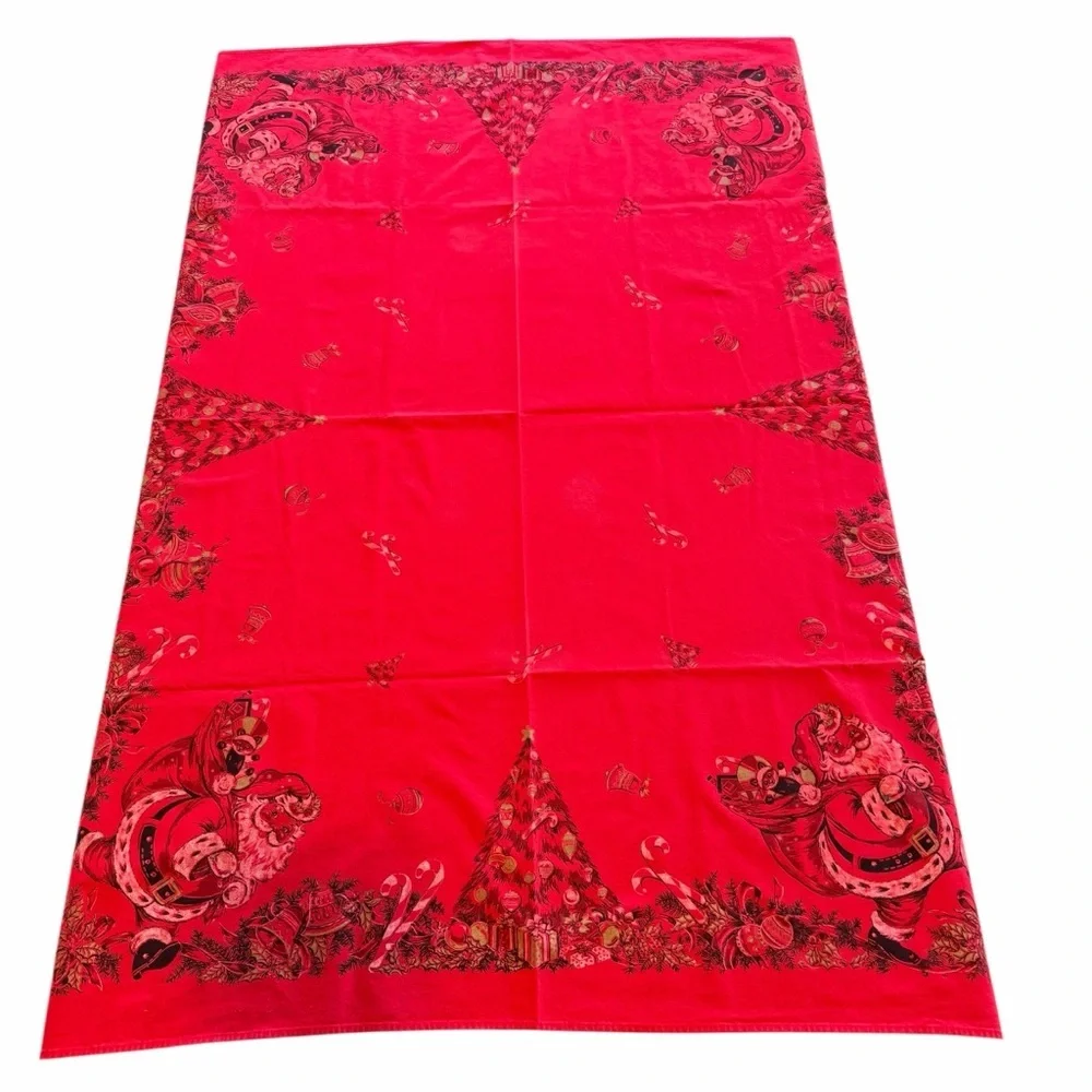 Vintage MCM Christmas Tablecloth Bright Red Santa Christmas Tree Gifts 48x60 GUC